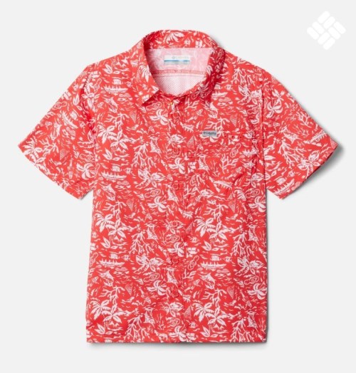 Kids' Columbia PFG Super Slack Tide Short Sleeve Camp Shirts Red | CA-V4LCA