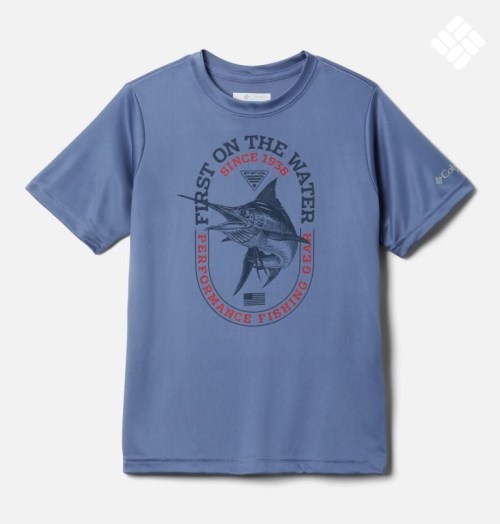 Kids' Columbia PFG Terminal Tackle First On The Water Short Sleeve T Shirts Blue | CA-D8A40