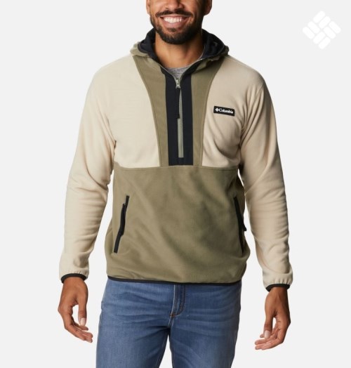 Men's Columbia Back Bowl Lite Half Zip Fleece Hoodie Cream / Olive | CA-FAL54