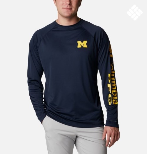 Men's Columbia Collegiate PFG Terminal Tackle Long Sleeve - Michigan Sweatshirts Navy | CA-E3856