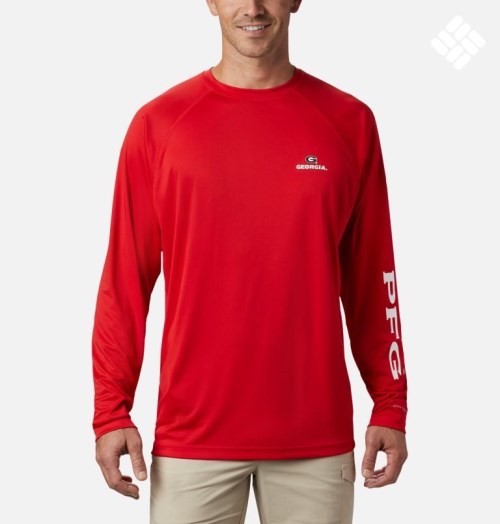 Men's Columbia Collegiate PFG Terminal Tackle Long Sleeve - Georgia Sweatshirts Red | CA-LA80L