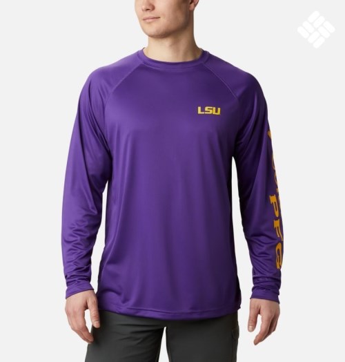 Men's Columbia Collegiate PFG Terminal Tackle Long Sleeve - LSU Sweatshirts Purple | CA-P6L85