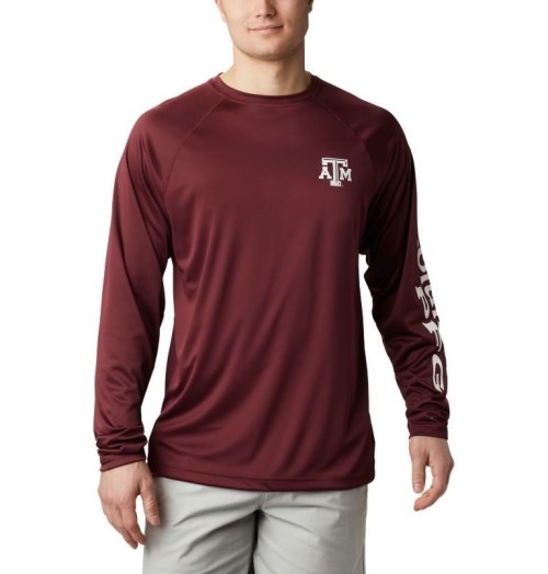 Men's Columbia Collegiate PFG Terminal Tackle Long Sleeve - Texas A&M Sweatshirts Burgundy | CA-U5164