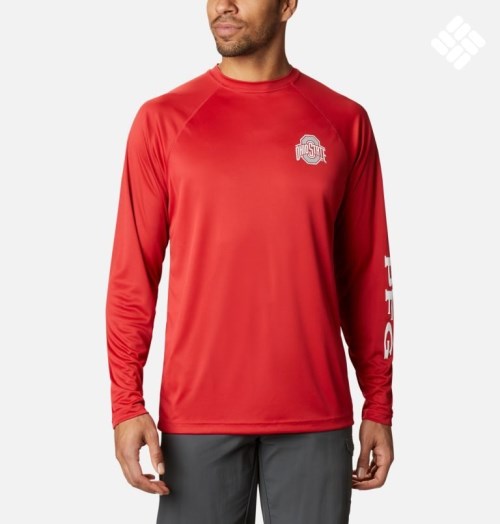 Men's Columbia Collegiate PFG Terminal Tackle Long Sleeve - Ohio State Sweatshirts Red | CA-V564A