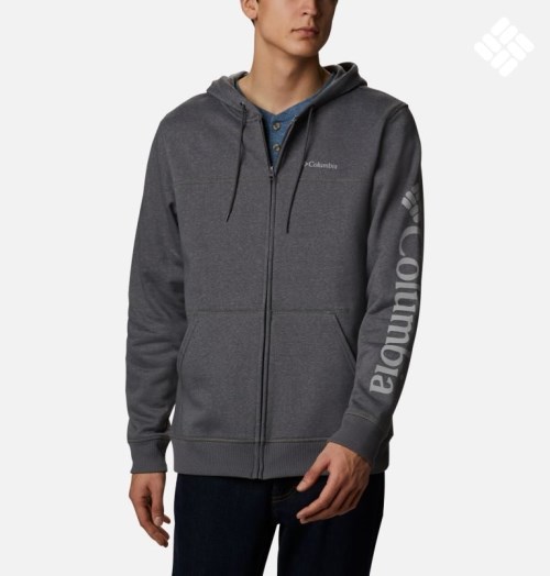 Men's Columbia Logo Full Zip Fleece Hoodie Dark Grey | CA-U56AC