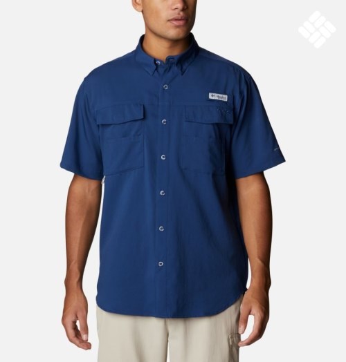 Men's Columbia PFG Blood and Guts IV Woven Short Sleeve Shirts Navy | CA-E8ACL