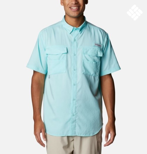 Men's Columbia PFG Blood and Guts IV Woven Short Sleeve Shirts Turquoise | CA-Y83CL