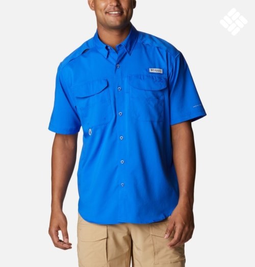 Men's Columbia PFG Blood and Guts Zero Woven Short Sleeve Shirts Blue | CA-BA08C