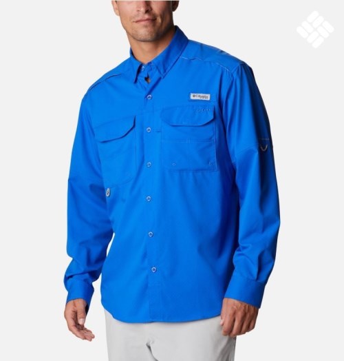 Men's Columbia PFG Blood and Guts Zero Woven Long Sleeve Shirts Blue | CA-XA13C