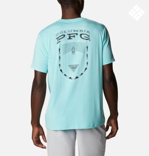 Men's Columbia PFG Boat Badge Tech Short Sleeve T Shirts Turquoise | CA-IAC86