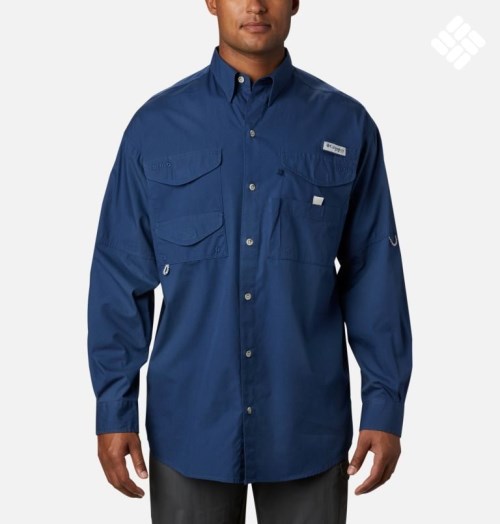 Men's Columbia PFG Bonehead Long Sleeve Shirts Navy | CA-D5LA4