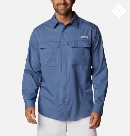 Men's Columbia PFG Drift Guide Woven Long Sleeve Shirts Blue | CA-N3AL5