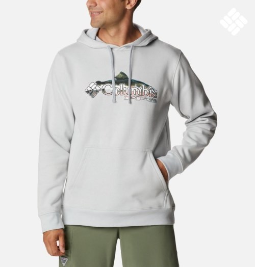 Men's Columbia PFG Fish Logo Hoodie Light Grey | CA-T845L