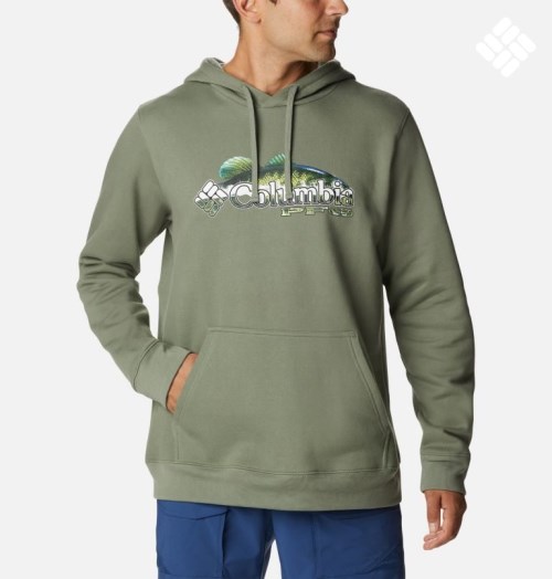 Men's Columbia PFG Fish Logo Hoodie Olive | CA-DL05C