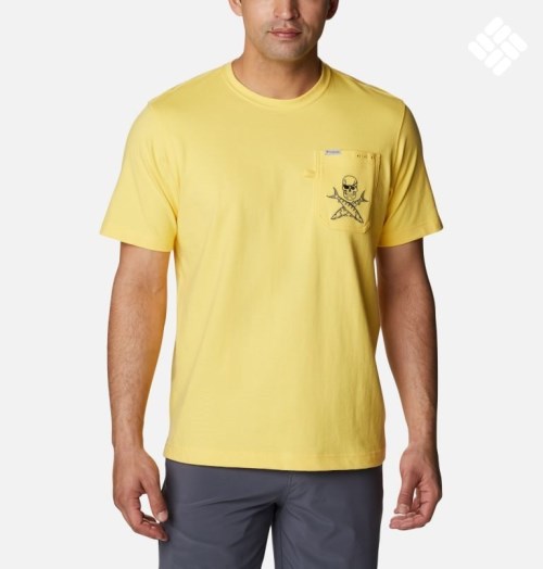 Men's Columbia PFG Icon Pocket T Shirts Yellow | CA-DA368