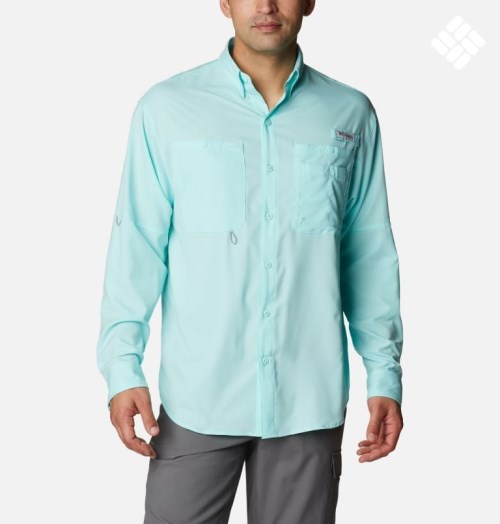 Men's Columbia PFG Jekyll Island Long Sleeve Shirts Turquoise | CA-V501A