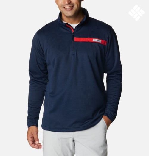 Men's Columbia PFG Skiff Guide Fleece Sweatshirts Navy | CA-V8431