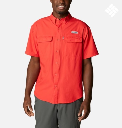 Men's Columbia PFG Skiff Guide Woven Short Sleeve Shirts Red | CA-PL83A