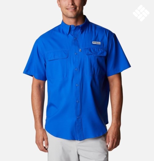 Men's Columbia PFG Skiff Guide Woven Short Sleeve Shirts Blue | CA-Y85C6