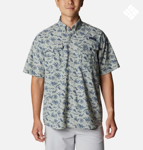 Men's Columbia PFG Super Bahama Short Sleeve Shirts Grey / Navy | CA-C63C0