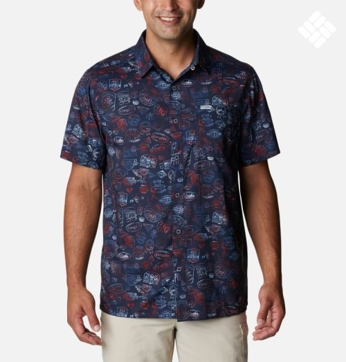 Men's Columbia PFG Super Slack Tide Camp Shirts Navy | CA-L4C5A