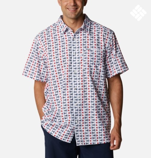 Men's Columbia PFG Super Slack Tide Camp Shirts White / Red / Blue | CA-YA1C4