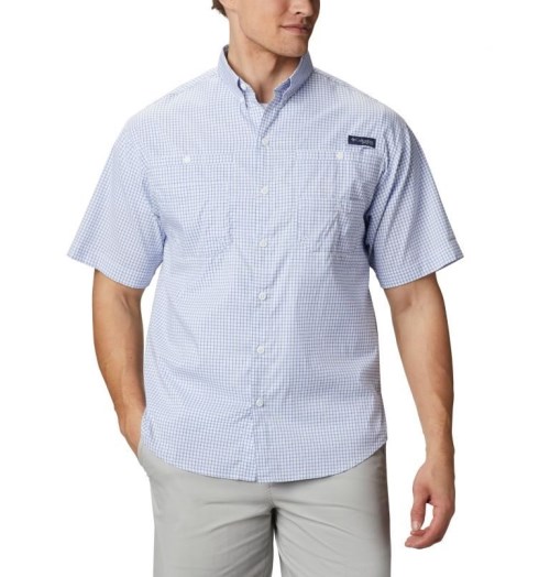 Men's Columbia PFG Super Tamiami Short Sleeve Shirts White / Blue | CA-C1LA3