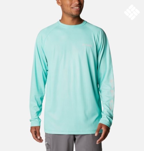 Men's Columbia PFG Terminal Deflector Long Sleeve Sweatshirts Turquoise | CA-O8C61