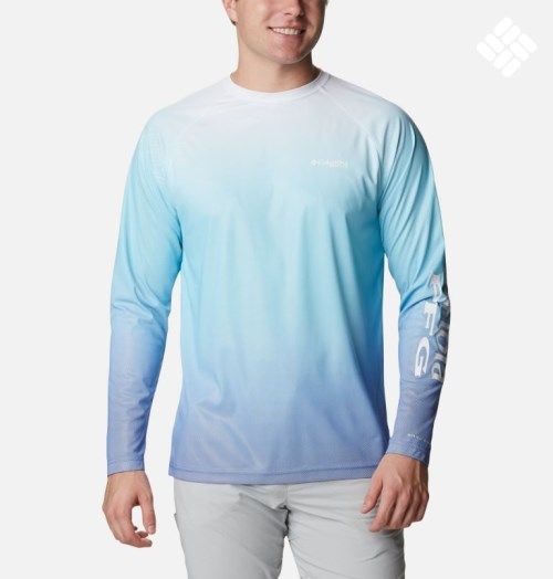 Men's Columbia PFG Terminal Deflector Printed Long Sleeve Sweatshirts Blue | CA-TA361