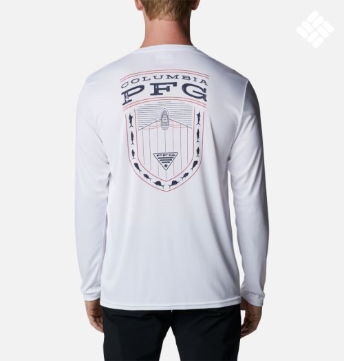 Men's Columbia PFG Terminal Tackle Americana Badge Long Sleeve Sweatshirts White | CA-BL05C