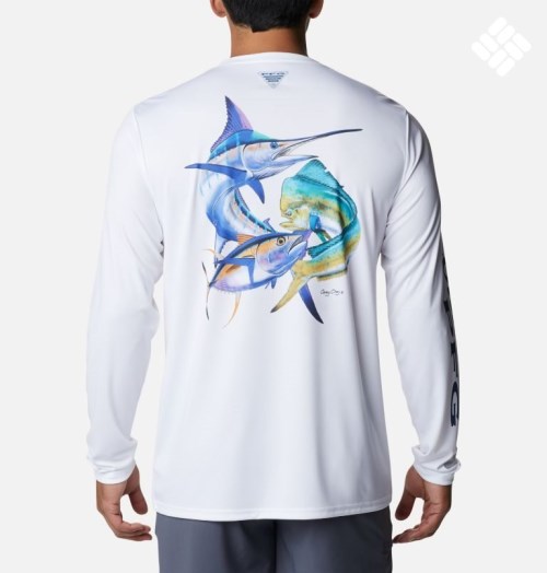 Men's Columbia PFG Terminal Tackle Carey Chen Long Sleeve Sweatshirts White | CA-N0CAL