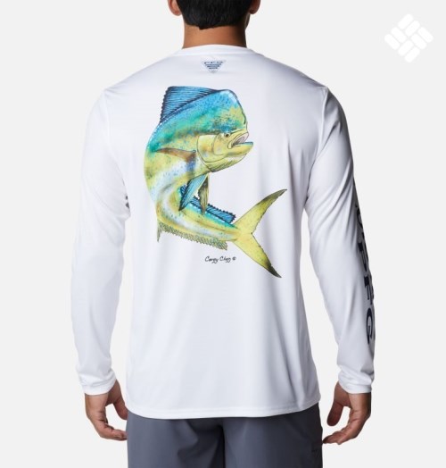 Men's Columbia PFG Terminal Tackle Carey Chen Long Sleeve Sweatshirts White | CA-WCL3A