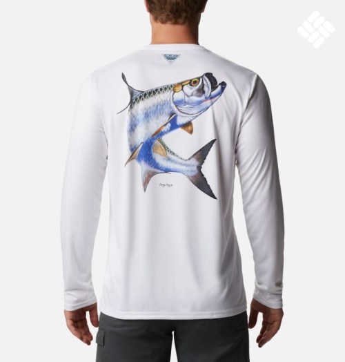 Men's Columbia PFG Terminal Tackle Carey Chen Long Sleeve Sweatshirts White | CA-X45L8