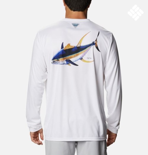 Men's Columbia PFG Terminal Tackle Carey Chen Long Sleeve Sweatshirts White | CA-Y0ACL