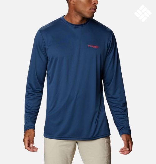 Men's Columbia PFG Terminal Tackle Destination Long Sleeve Sweatshirts Navy | CA-SA863