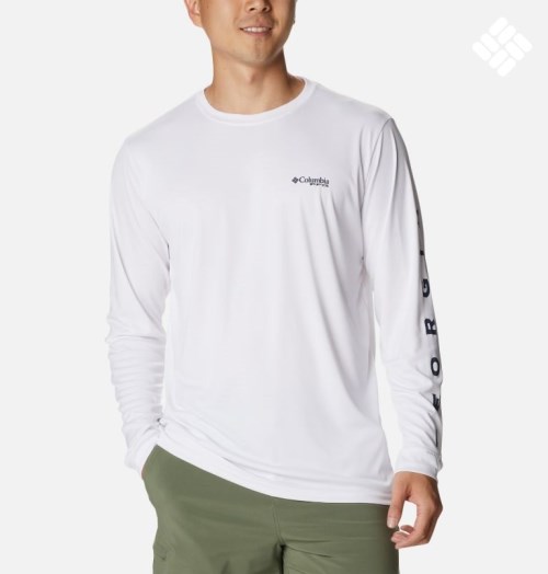 Men's Columbia PFG Terminal Tackle Destination Long Sleeve Sweatshirts White | CA-Y1850