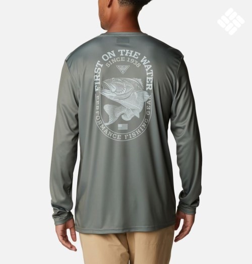 Men's Columbia PFG Terminal Tackle First On The Water Classic Long Sleeve Sweatshirts Grey | CA-B183A