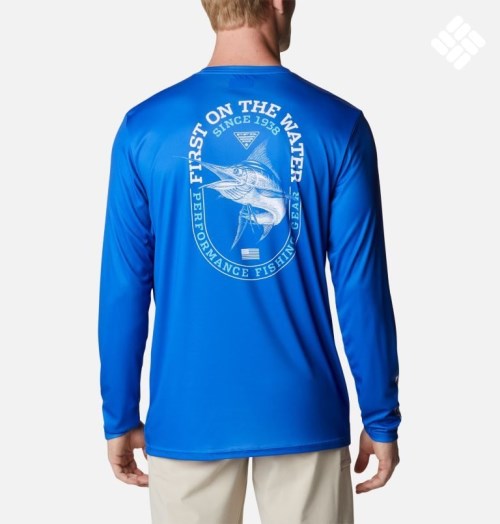 Men's Columbia PFG Terminal Tackle First On The Water Classic Long Sleeve Sweatshirts Blue | CA-Q8L43