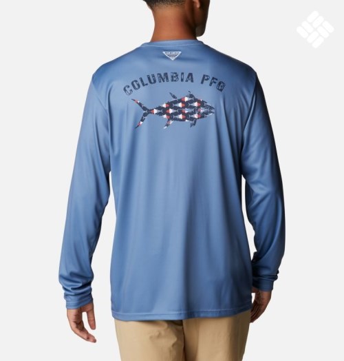 Men's Columbia PFG Terminal Tackle Fish Fill Long Sleeve Sweatshirts Blue | CA-NAL0C