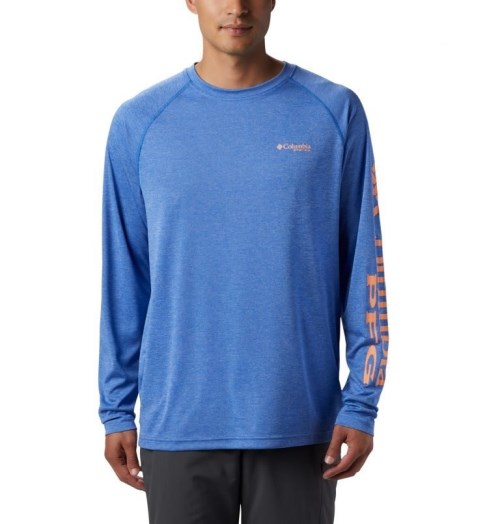 Men's Columbia PFG Terminal Tackle Heather Long Sleeve Sweatshirts Blue | CA-P346C