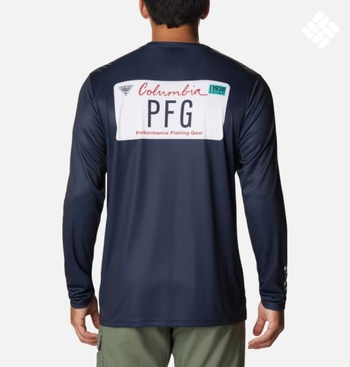 Men's Columbia PFG Terminal Tackle License Plate Long Sleeve Sweatshirts Navy | CA-I1453