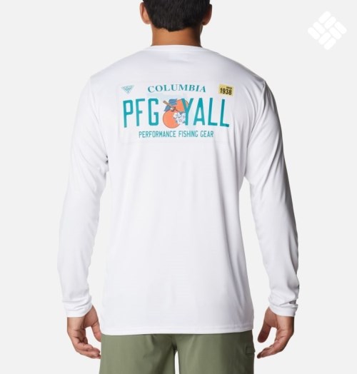 Men's Columbia PFG Terminal Tackle License Plate Long Sleeve Sweatshirts White | CA-L0L4A