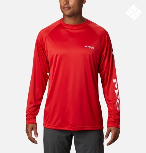 Men's Columbia PFG Terminal Tackle Long Sleeve Sweatshirts Red | CA-O48C3