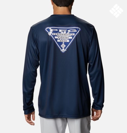 Men's Columbia PFG Terminal Tackle State Triangle Long Sleeve Sweatshirts Navy | CA-I561C