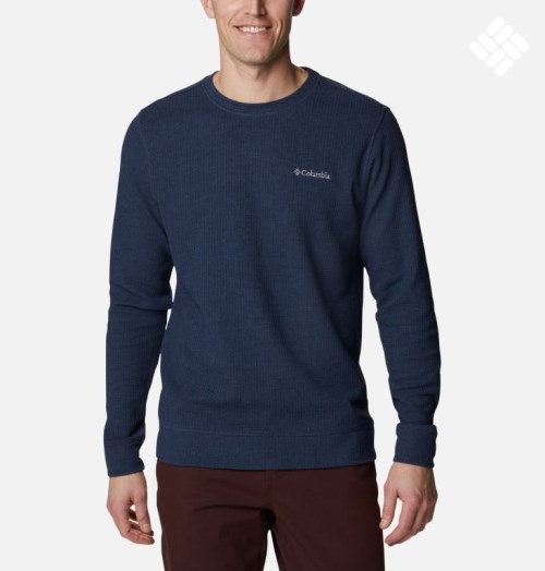 Men's Columbia Pine Peak Waffle Long Sleeve Crew Sweatshirts Navy | CA-C6A31