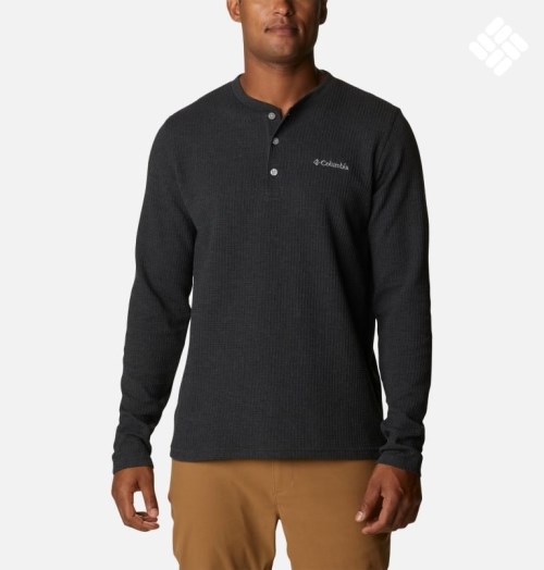 Men's Columbia Pine Peak Waffle Long Sleeve Henley Sweatshirts Black | CA-CA638