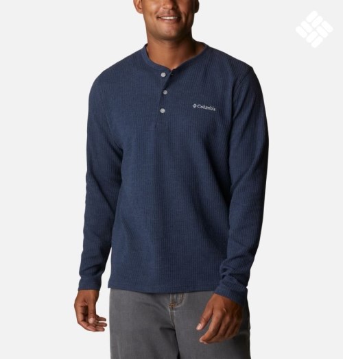 Men's Columbia Pine Peak Waffle Long Sleeve Henley Sweatshirts Navy | CA-OA61C