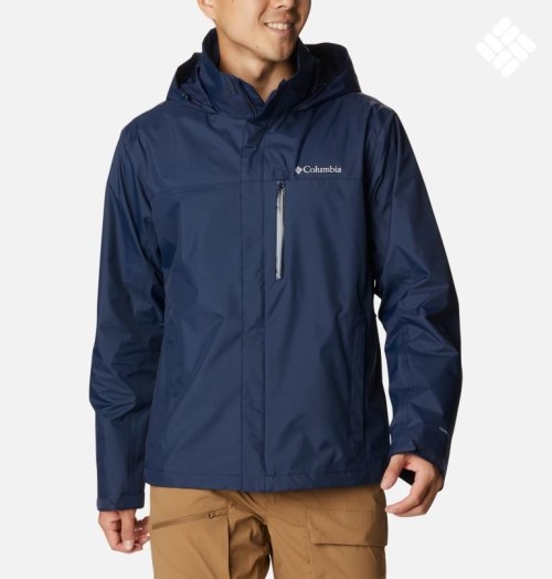 Men's Columbia Pouration Rain Jackets Navy | CA-E35C4