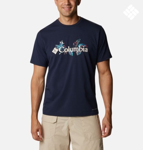 Men's Columbia Sun Trek Short Sleeve Graphic T Shirts Navy | CA-Z018L