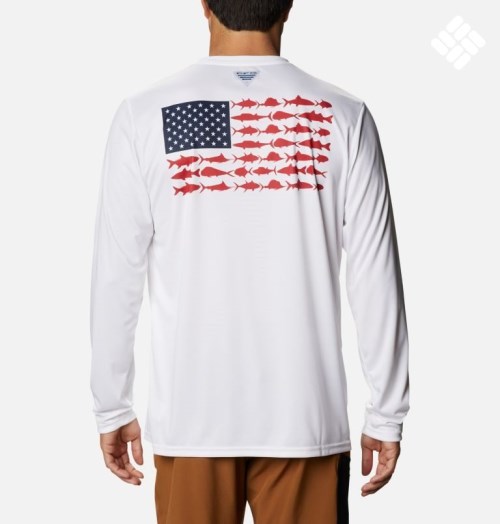 Men's Columbia Terminal Tackle PFG Fish Flag Long Sleeve Sweatshirts White | CA-F6510